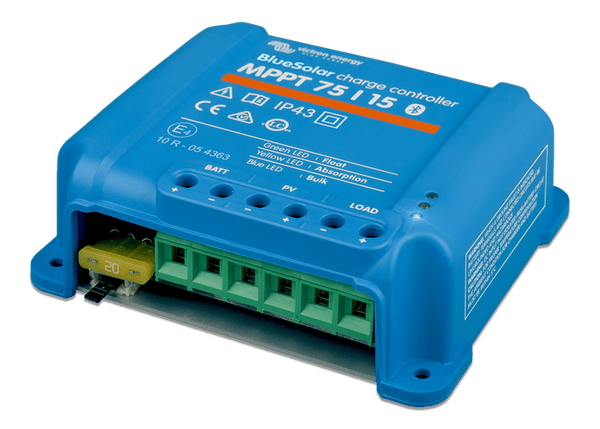 Top angled view of the Victron BlueSolar 75/15 controller illustrating the compact footprint