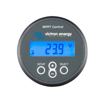 Circular Victron MPPT Control unit with blue backlit LCD display and push-button interface