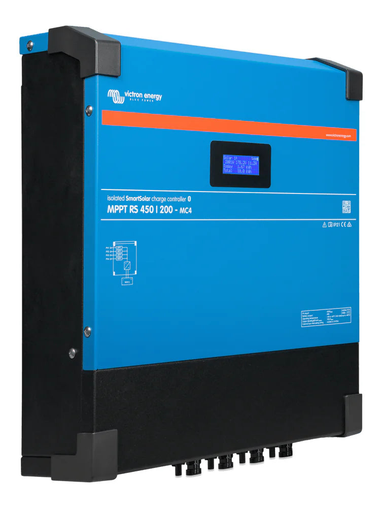 Side angle of the Victron MPPT RS 450/100 showing the slim profile and black heatsink chassis