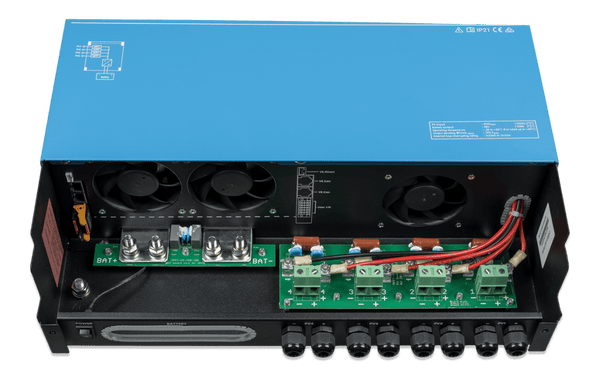 Internal view of Victron MPPT RS 450/200 showing PV inputs and battery terminals