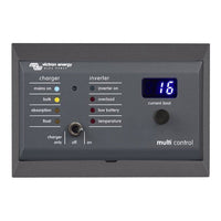 Victron Multi Control panel installed in the wall-mount enclosure showing status LEDs and digital display