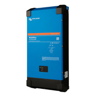 Side perspective of the blue Victron MultiPlus 12/2000/80-32 inverter charger housing