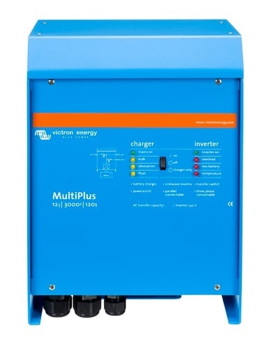 Front view of Victron MultiPlus 12/3000/120 inverter charger with status LEDs and switch