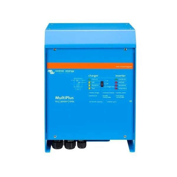 Front view of Victron MultiPlus 12/3000/120 inverter charger with status LEDs and switch