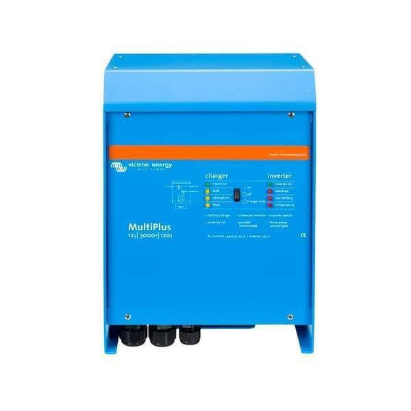 Front view of blue Victron MultiPlus 12/3000/120-50 inverter charger showing status lights and switch