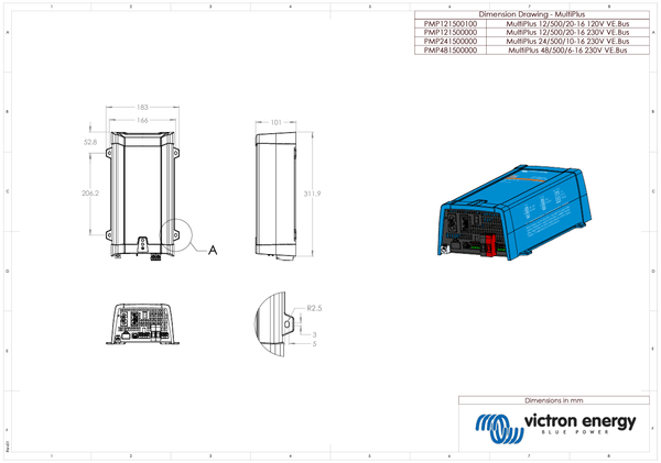 Dimensional line drawing of Victron MultiPlus 12/500/20 with metric measurements in mm