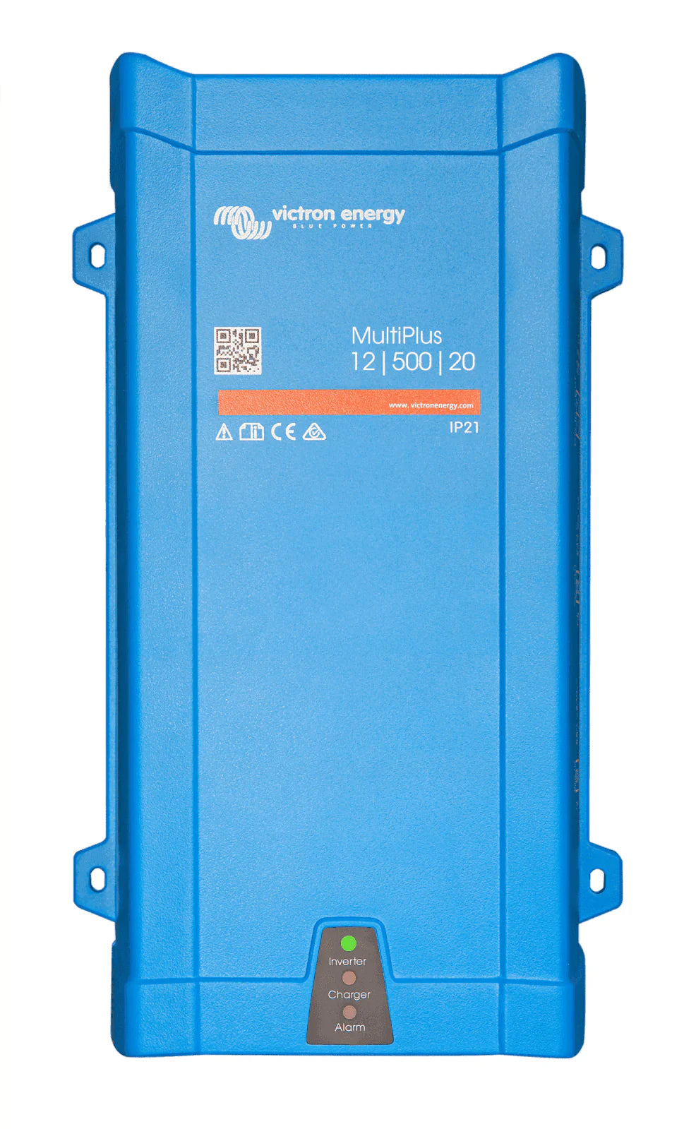 Front view of blue Victron MultiPlus 12/500/20 inverter charger with status LED indicators