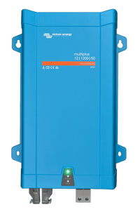 Front view of a blue Victron MultiPlus 12V 1200VA 50A inverter charger showing status LED indicators