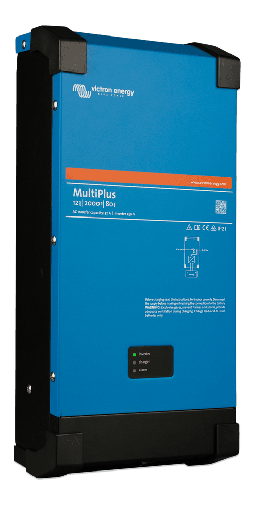 Angled view of the Victron MultiPlus 12V 2000VA inverter charger showing steel and ABS enclosure