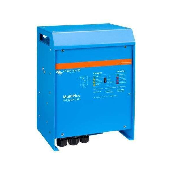 Perspective view of the blue aluminium Victron MultiPlus 12V 3000VA inverter charger