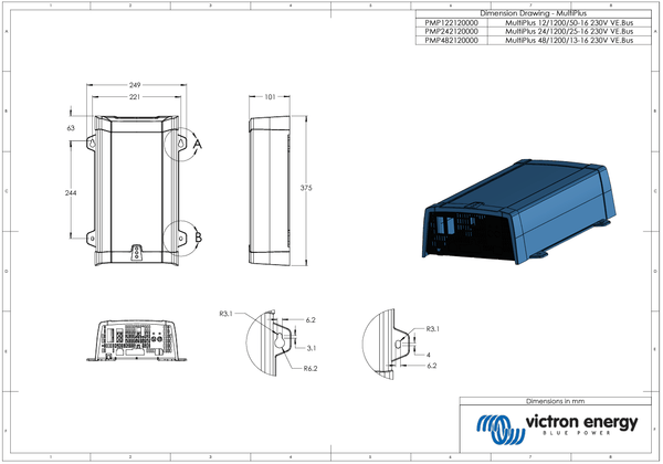 Dimensional drawing for Victron MultiPlus 24/1200 showing mounting points and overall size