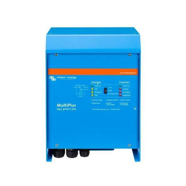 Front view of blue Victron MultiPlus 24/3000 inverter charger with status LEDs and main switch