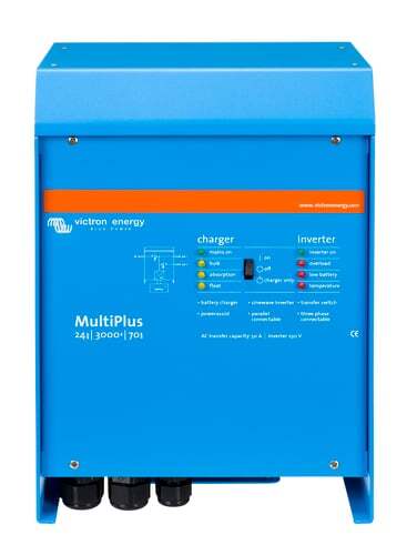 Front view of blue Victron MultiPlus 24/3000 inverter charger with status LEDs and main switch