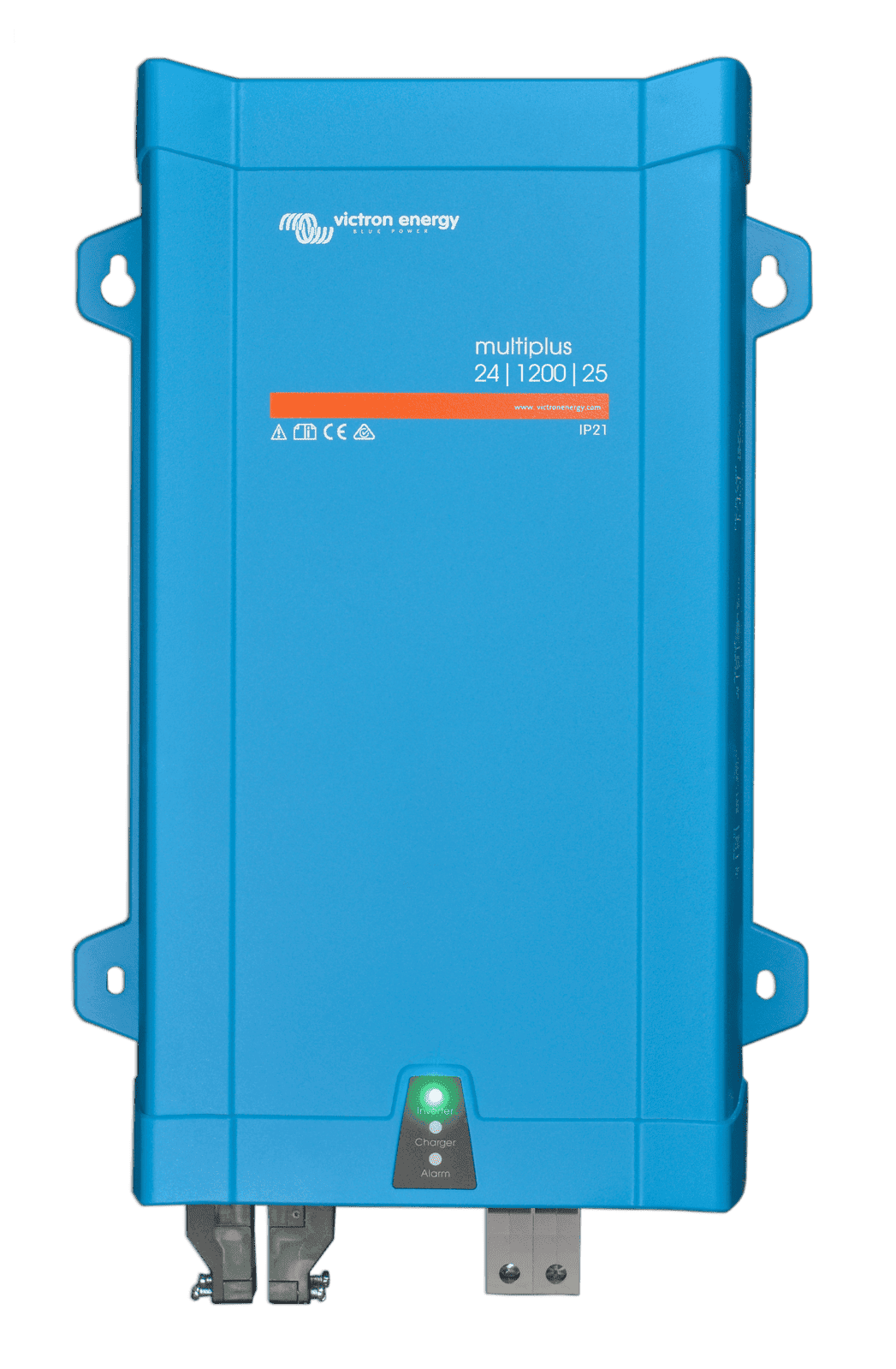 Front view of blue Victron MultiPlus 24V 1200VA inverter charger with status LEDs