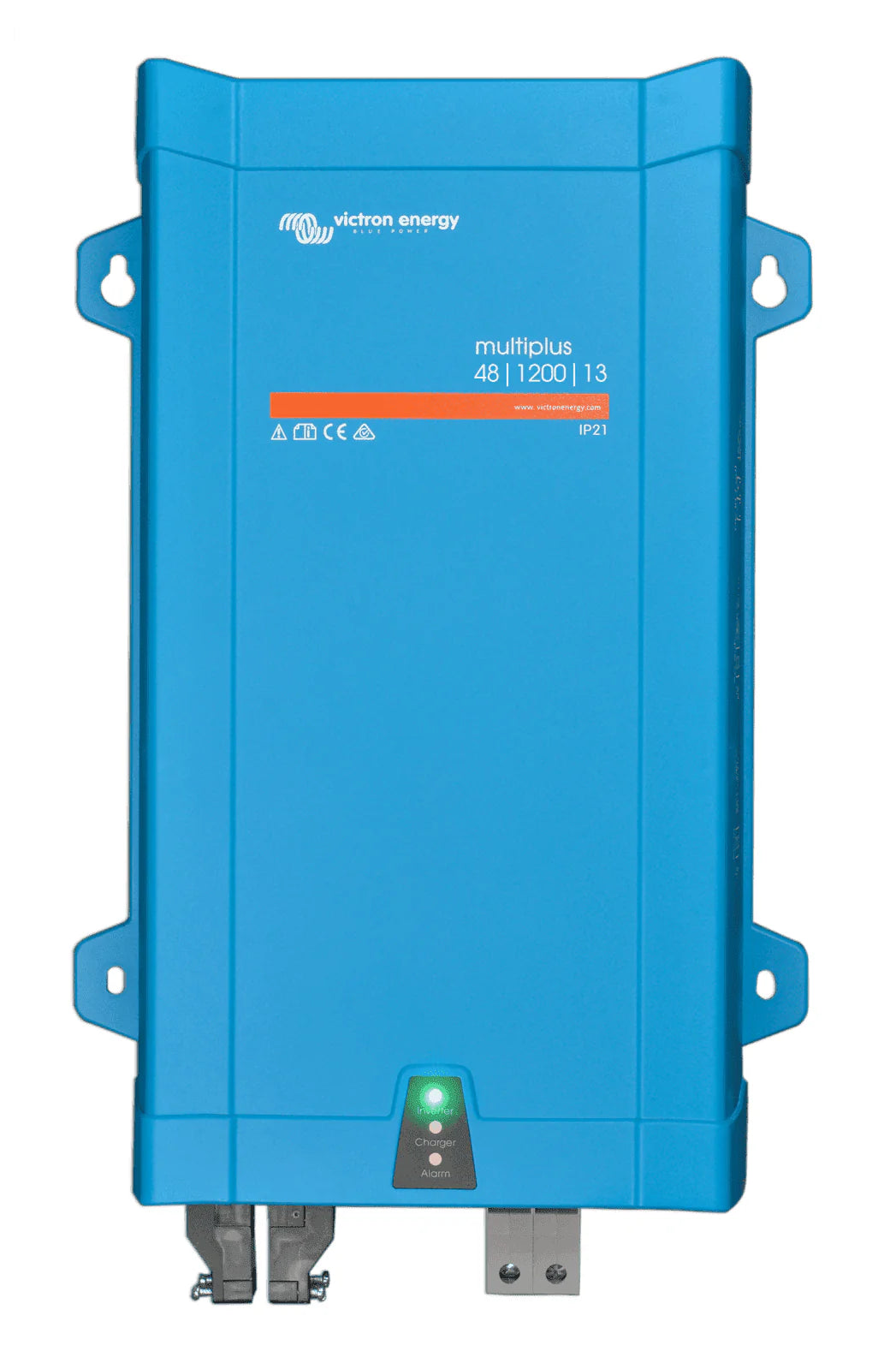 Front view of a blue Victron MultiPlus 48V 1200VA 13A inverter charger in a steel enclosure