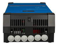 Bottom of inverter charger unit showing cable entry points and power switch