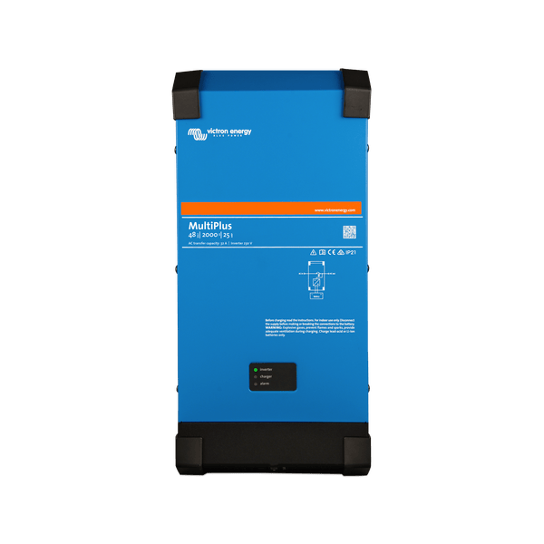 Front view of Victron MultiPlus 48V 2000VA inverter charger in blue steel enclosure