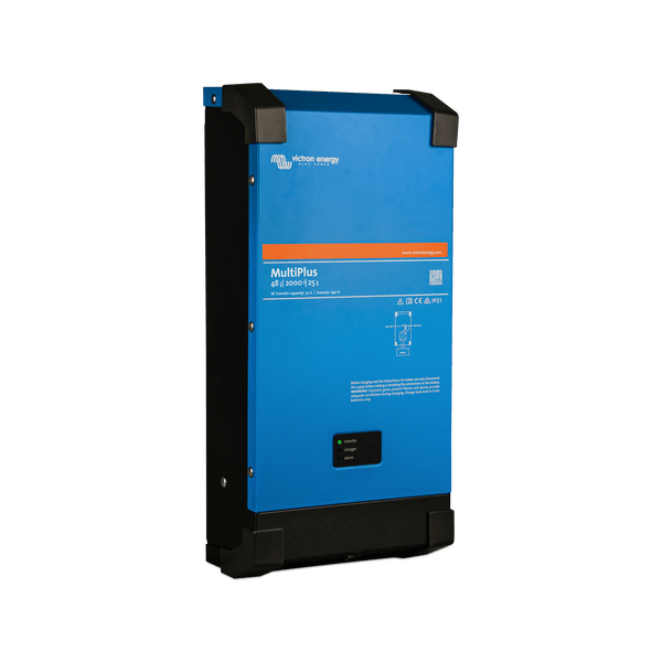 Left side perspective of the Victron MultiPlus inverter charger with 48V 2000VA capacity