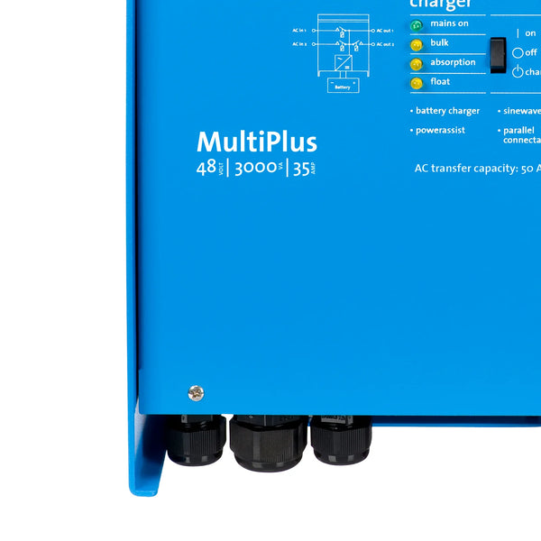 Close-up of MultiPlus 48V 3000VA 35A model branding and heavy-duty cable glands