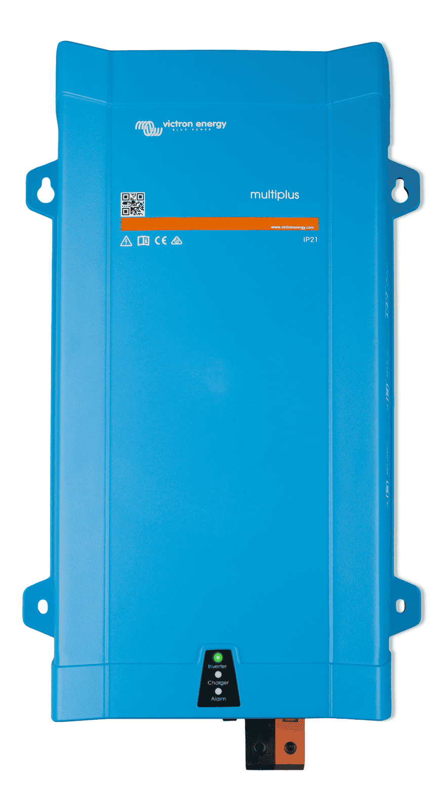 Front view of blue Victron MultiPlus inverter charger with status LEDs and mounting brackets on a white background