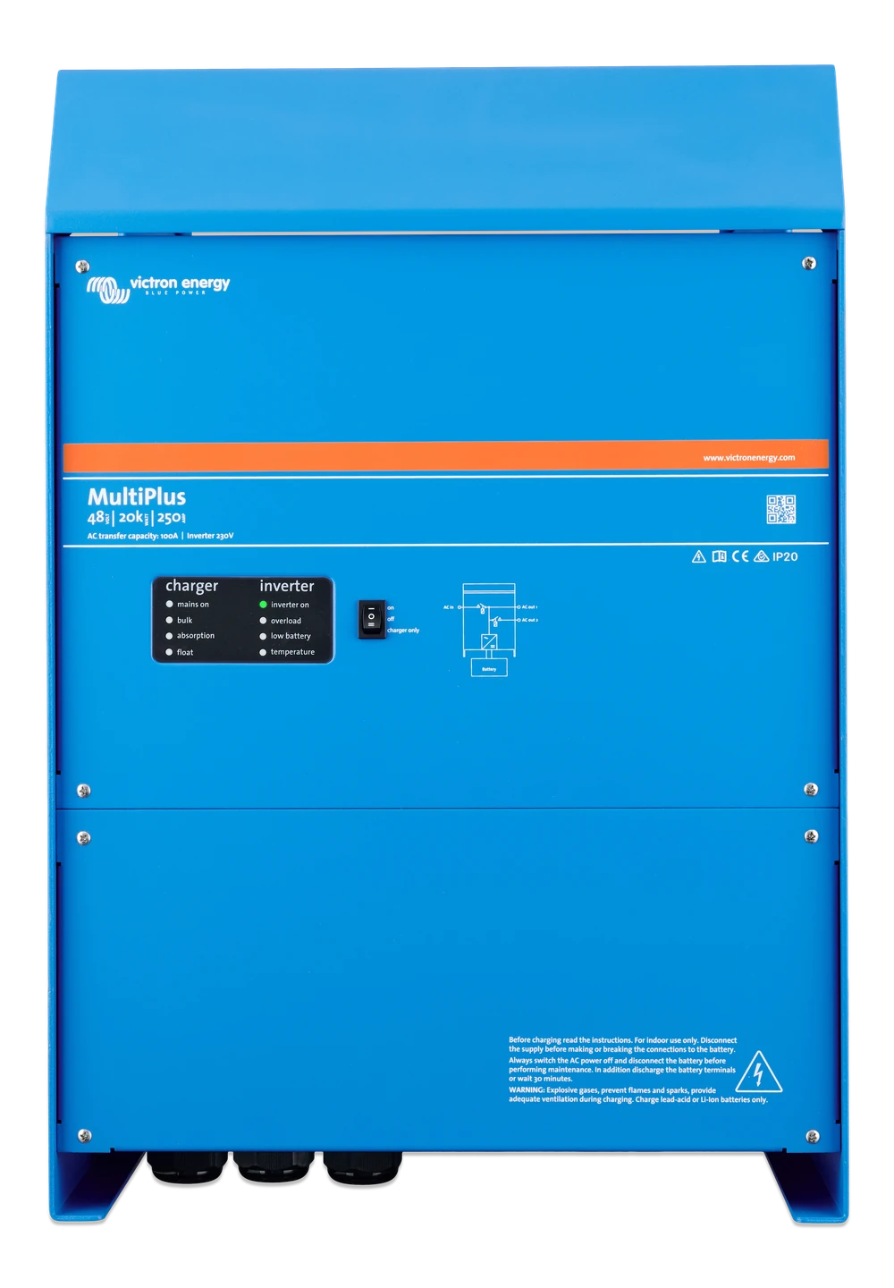 Front view of blue Victron MultiPlus 48/20k inverter charger showing interface panel