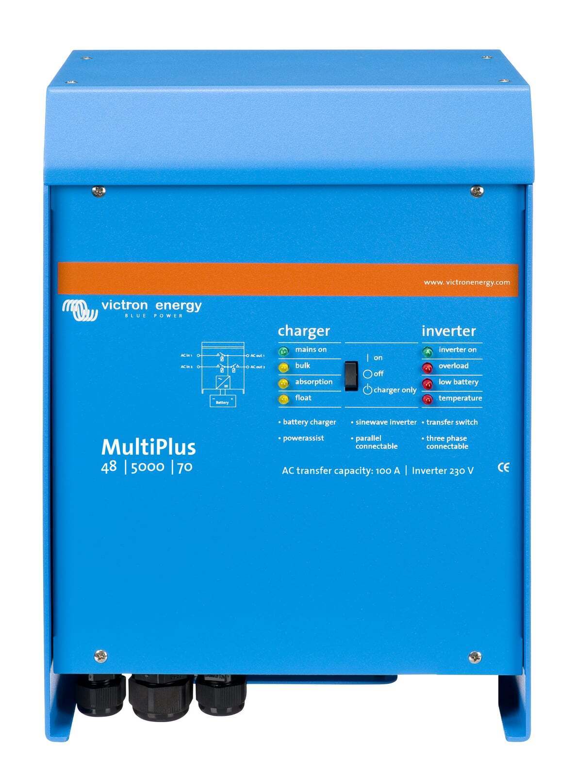 Victron MultiPlus 48/5000/70 inverter charger front panel with status LEDs and three-way power switch