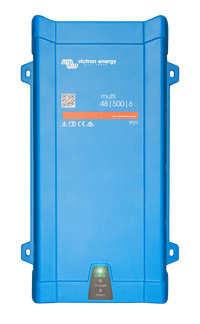 Front view of Victron MultiPlus 48V 500VA inverter charger in blue steel and ABS enclosure