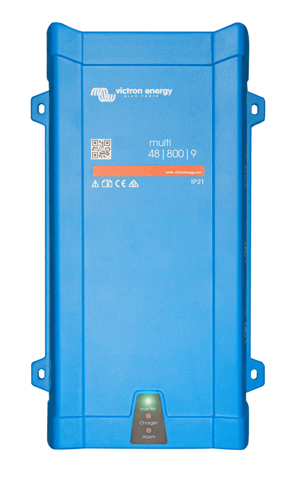 Front view of blue Victron MultiPlus 48V 800VA inverter charger with status LED indicators