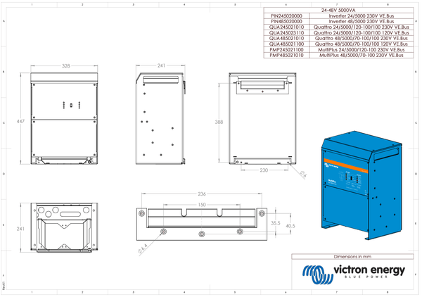 Technical dimensional drawing of the MultiPlus 5000 showing unit and mounting plate measurements