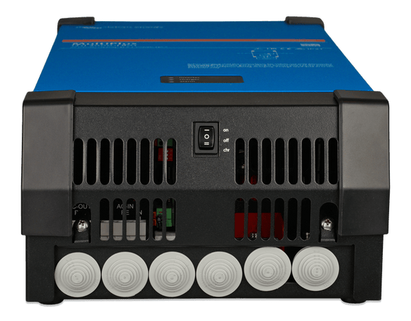 Bottom view of the Victron MultiPlus showing cable entry glands and main power switch