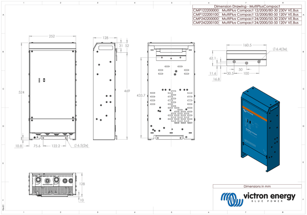 Technical dimensional drawing of the MultiPlus Compact 12 2000 80 unit
