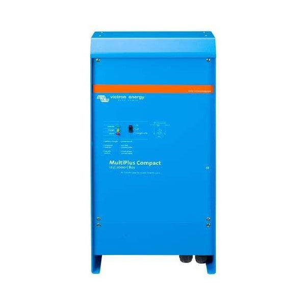 Front view of blue Victron MultiPlus Compact 12/2000/80 inverter charger enclosure