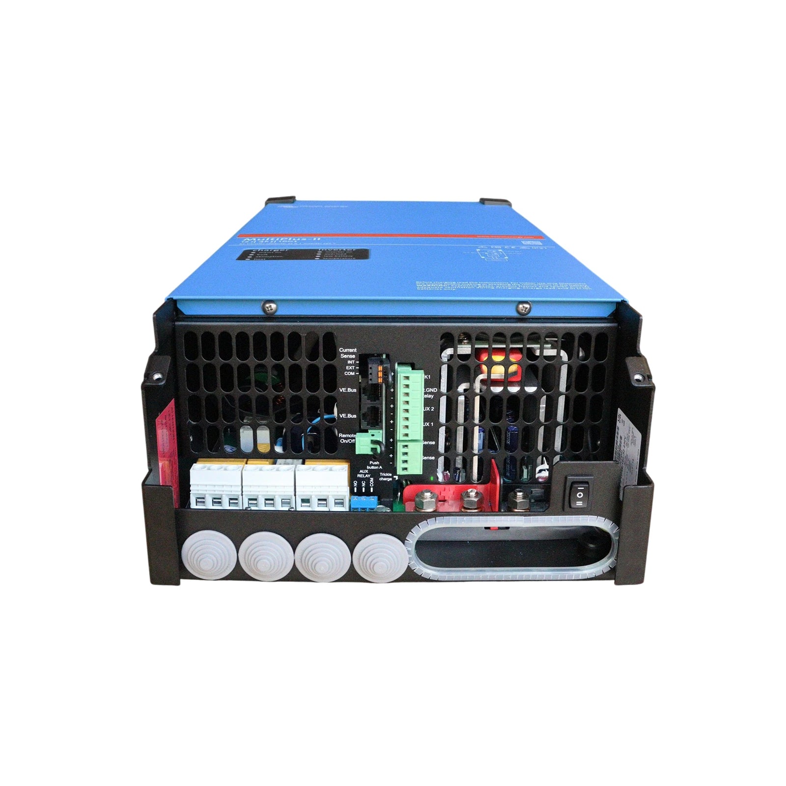 Internal connection view of Victron MultiPlus-II 4000W inverter charger showing AC terminals and DC bolts