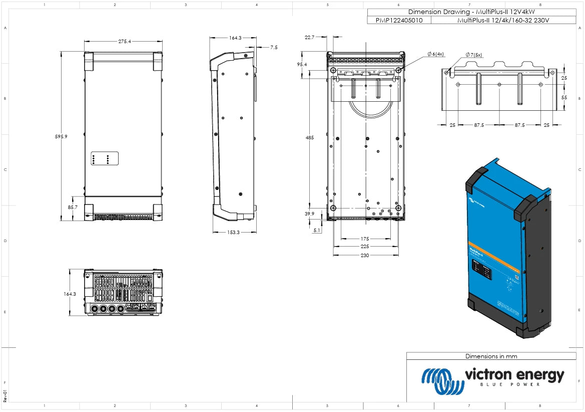Dimensional drawing of the Victron MultiPlus-II 12V 4000W showing all unit measurements