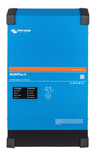 Front view of Victron MultiPlus-II 5000VA inverter charger in blue steel housing