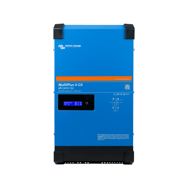 Front view of blue Victron MultiPlus-II GX 48V inverter charger with integrated LCD status display
