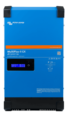 Front view of blue Victron MultiPlus-II GX 48V inverter charger with integrated LCD status display