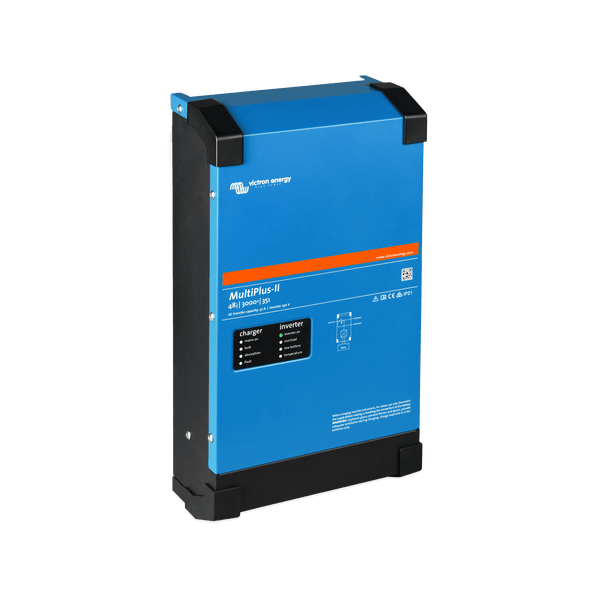 Side perspective of blue steel MultiPlus-II inverter showing mounting chassis