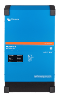 Front view of blue Victron MultiPlus-II 48V 5000VA inverter charger showing status LEDs