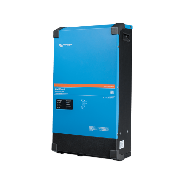 Angled side view of Victron MultiPlus-II showing blue steel enclosure and recessed side handle