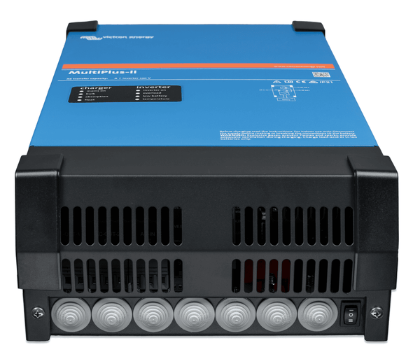 Bottom panel of the inverter charger showing cable entry glands and main power switch