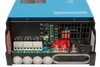 Internal view of connection terminals including AC input, AC outputs, and DC battery bolts