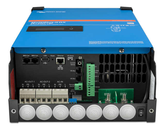 Bottom panel of MultiPlus-II GX showing AC terminals, communication ports, and battery connection bolts