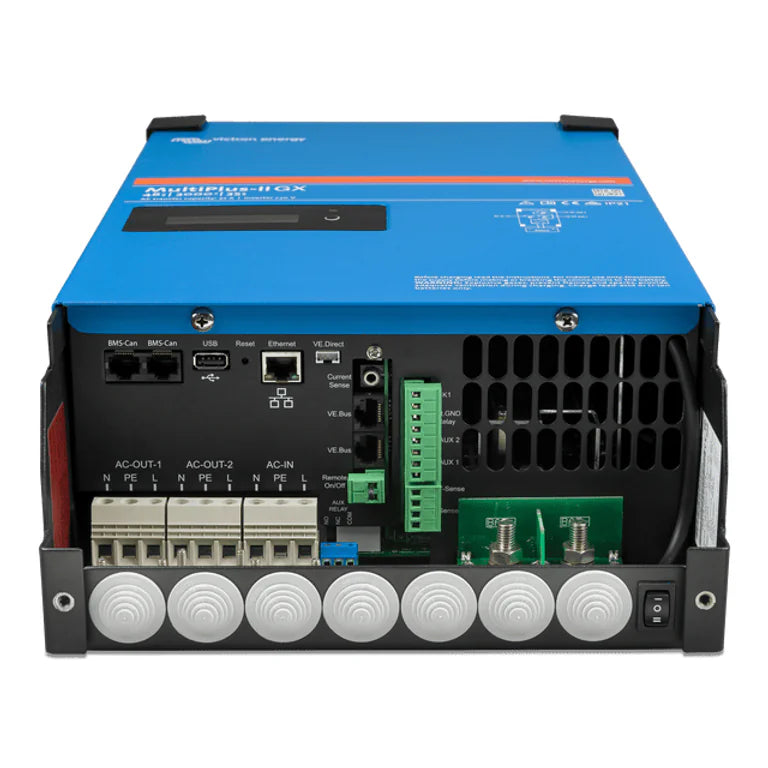 Bottom panel of MultiPlus-II GX showing AC terminals, communication ports, and battery connection bolts