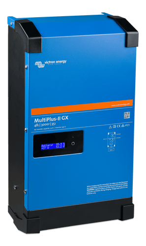Left perspective view of the Victron MultiPlus-II GX 48V inverter charger showing the steel housing