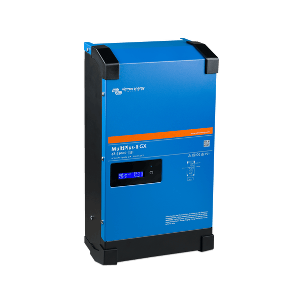 Left perspective view of the Victron MultiPlus-II GX 48V inverter charger showing the steel housing