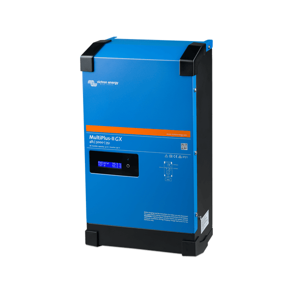 Right perspective view of the Victron MultiPlus-II GX 48V inverter charger in a blue steel enclosure