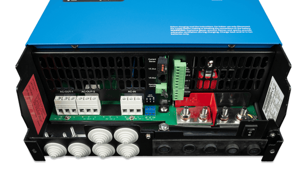 Internal view of AC and DC connection terminals and communication ports