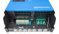 Internal connection panel of Victron MultiPlus-II showing AC terminals and DC battery bolts