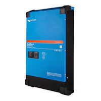 Left perspective view of the blue steel enclosure of a Victron MultiPlus-II inverter charger